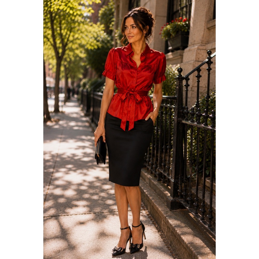 Moda International Top Red Satin Short Sleeve Puff Sleeve Tie Waist Size L